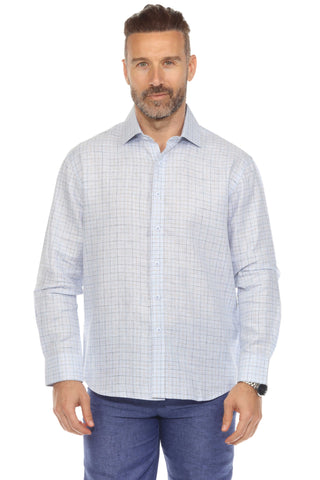 Men's Casual Long Sleeve Linen Shirt Checkered Print 100% Linen Button Down