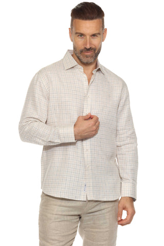 Men's Casual Long Sleeve Linen Shirt Checkered Print 100% Linen Button Down