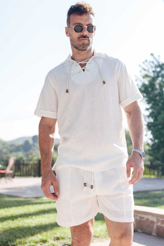 Men's Beach Resort Wear Lounge Short Set with Drawstring Shirt