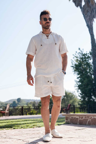 Men's Beach Resort Wear Lounge Short Set with Drawstring Shirt