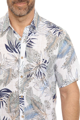 Men's Resort Style Casual Linen Blend Tropical Leaf Print Shirt