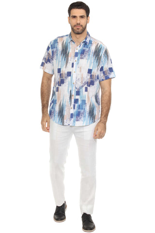 Men's Resort Style Casual Linen Blend Geo Print Shirt
