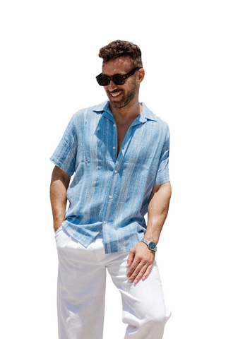 Mojito Men's Resort Style Casual Striped Multi-Texture Weave Linen Blend Shirt