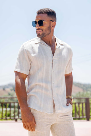 Mojito Men's Resort Style Casual Striped Multi-Texture Weave Linen Blend Shirt