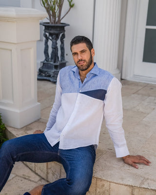 Casual Multi Color Block Design 100% Linen Shirt Long Sleeve