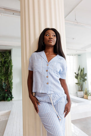 Mojito Women's Casual Resort Wear Stripe Print Linen Blend Button Down Camp Collar Short Sleeve Blouse
