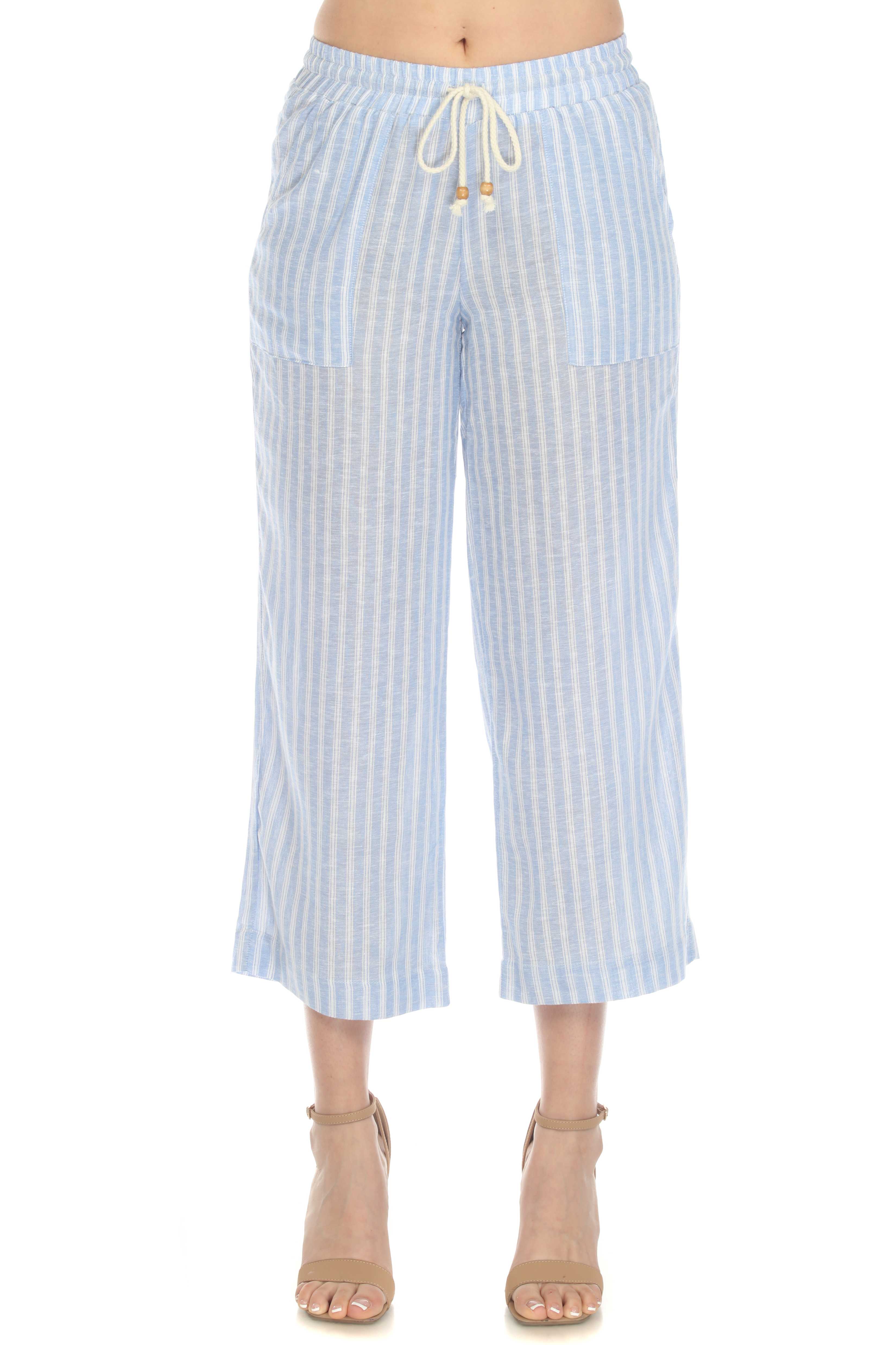 coconut row palm beach capris Women's Casual Beach Resort Wear Capri Pants Pinstripe Print with Drawstring Waist Linen Blend – naturalcollectioncorp.com