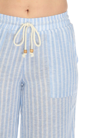 Women's Casual Beach Resort Wear Capri Pants Pinstripe Print with Drawstring Waist Linen Blend