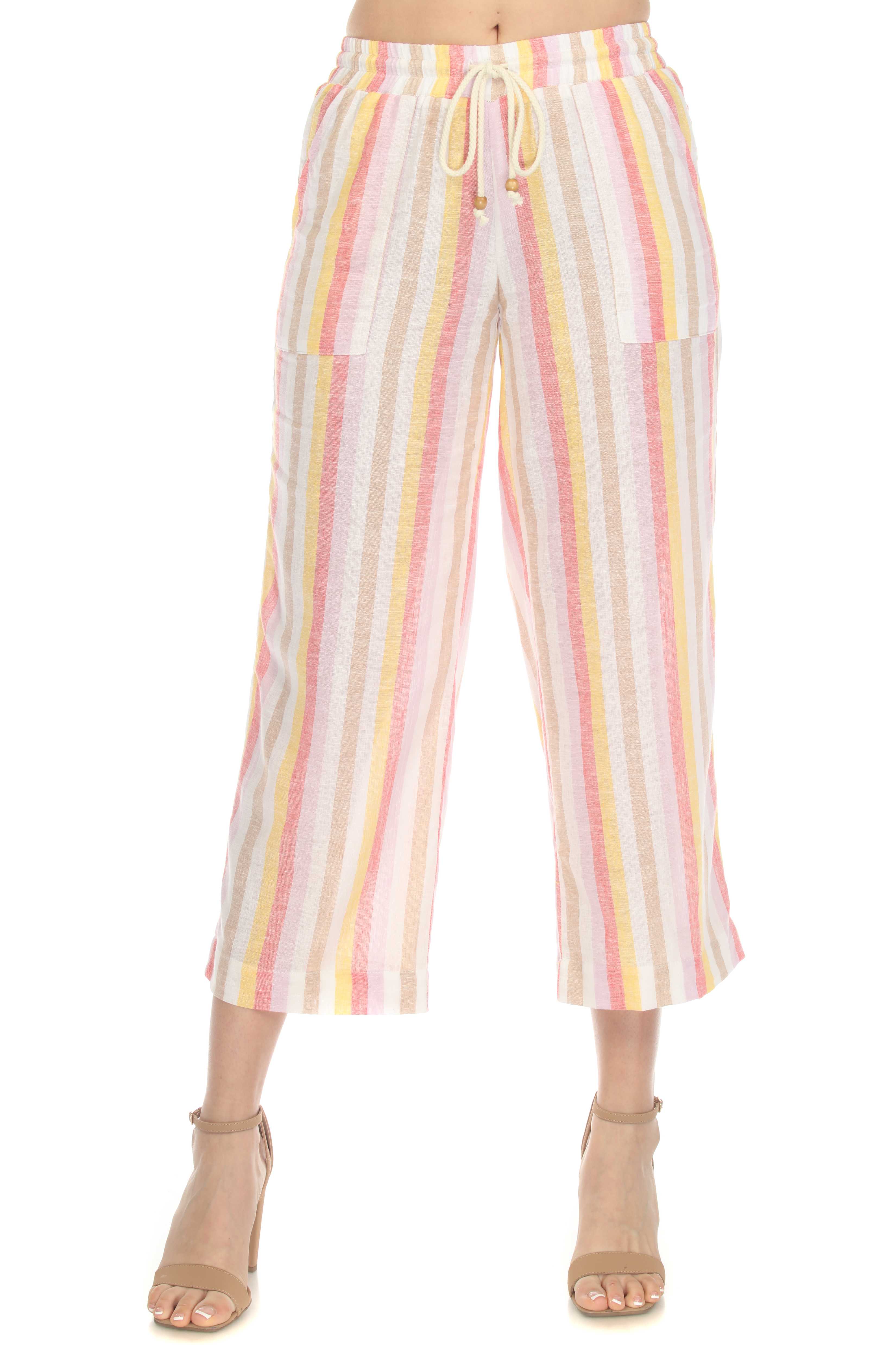 coconut row palm beach capris Women's Casual Beach Resort Wear Capri Pants Pinstripe Print with Drawstring Waist Linen Blend – naturalcollectioncorp.com