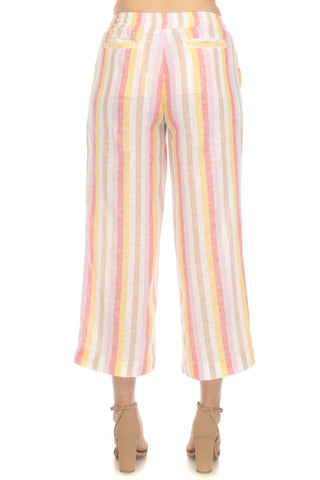 Women's Casual Beach Resort Wear Capri Pants Pinstripe Print with Drawstring Waist Linen Blend