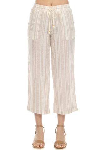 Women's Casual Beach Resort Wear Capri Pants Pinstripe Print with Drawstring Waist Linen Blend