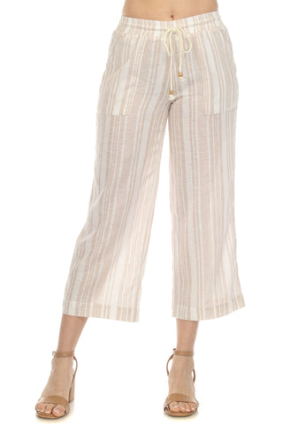 Women's Casual Beach Resort Wear Capri Pants Pinstripe Print with Drawstring Waist Linen Blend