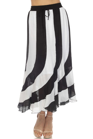 Women's Casual Resort Wear White Striped Boho Maxi Skirt with Drawstring Waist
