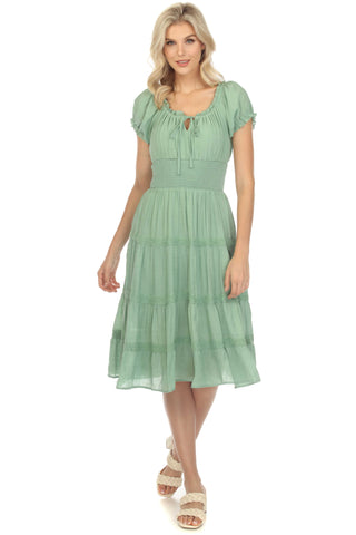 Women's Casual Resort Wear Dress Off-Shoulder Smocked Waist Knee Length with Drawstring
