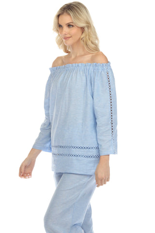 Women's Casual Resort Wear Off-Shoulder Cut Out Trim Long Sleeve Linen Blend Tunic Top