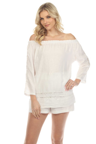 Women's Casual Resort Wear Off-Shoulder Cut Out Trim Long Sleeve Linen Blend Tunic Top