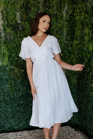 Mojito Women's Casual Resort Wear V Shaped Neckline Smocked Ruffled Empire Dress Mid Length with Drawstring Waist