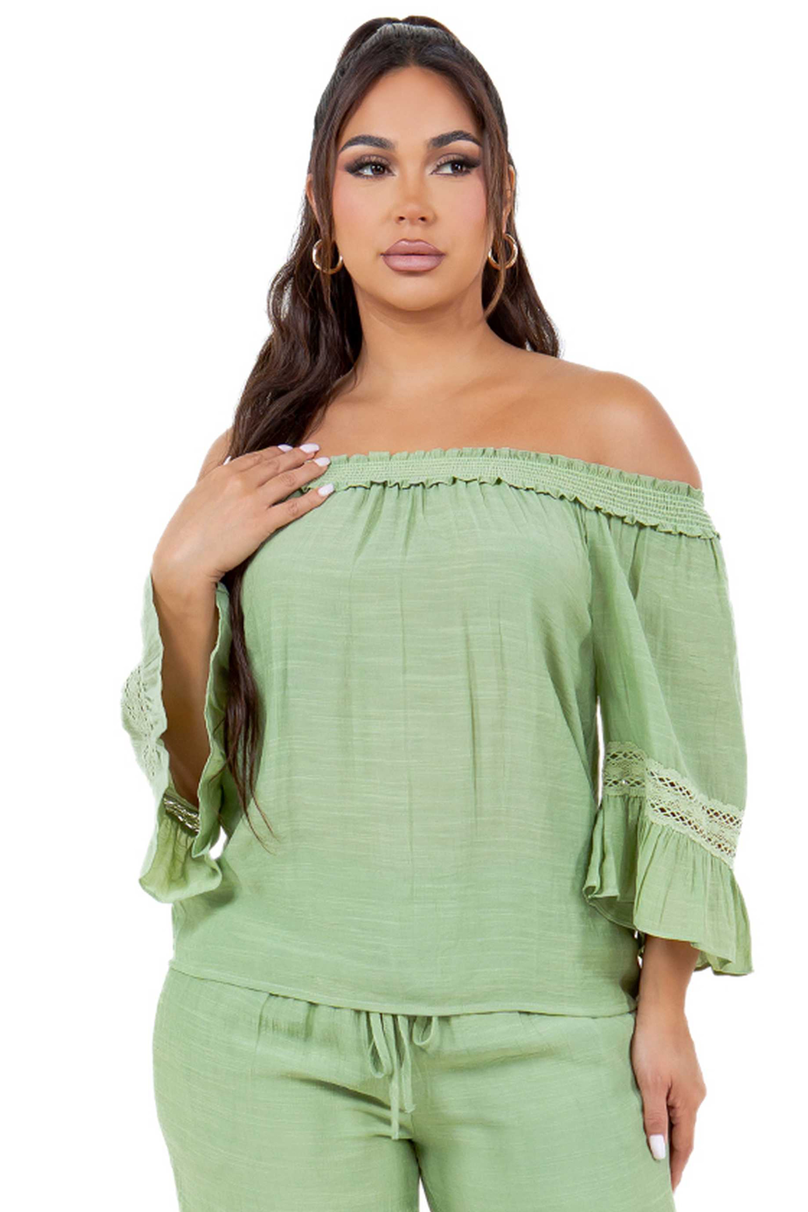 Women's Casual Off-Shoulder Crochet Trimmed Ruffled 3/4