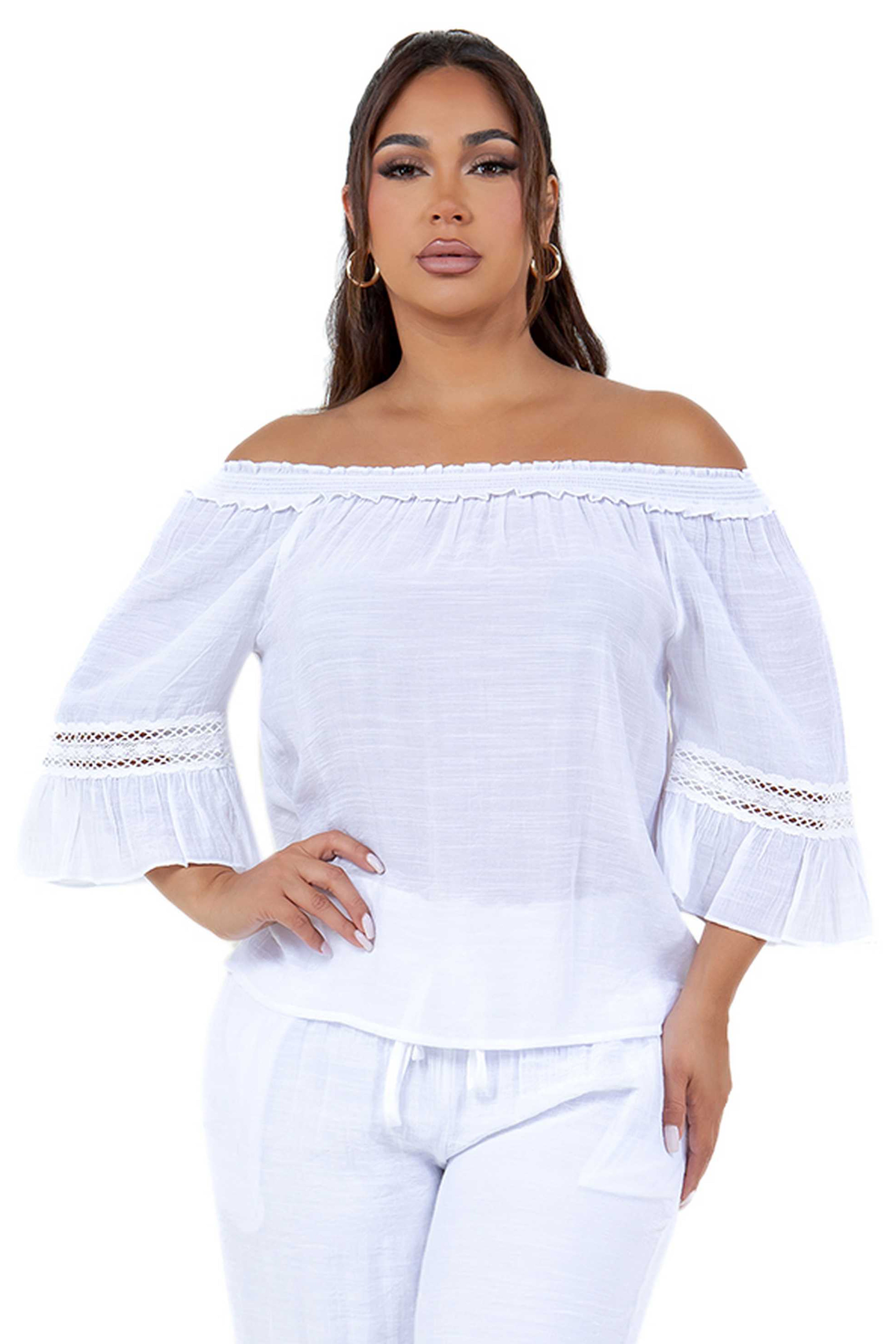 Women's Casual Off-Shoulder Crochet Trimmed Ruffled 3/4