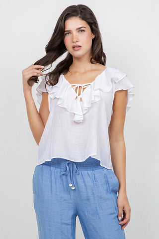 Ladies Casual Boho Ruffled Tie Blouse