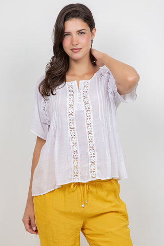 Ladies Boho Pleated Lace Panel Blouse