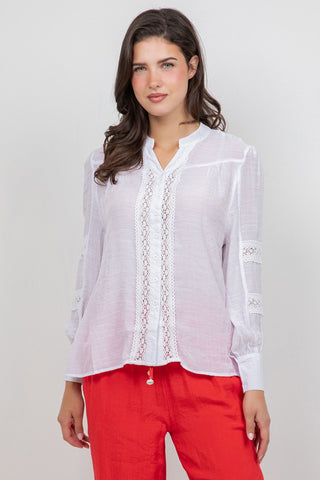 Ladies Boho Lace Panel Pleated Long Sleeve Blouse