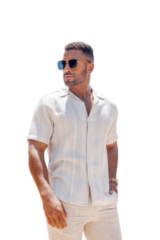 Mojito Men's Resort Style Casual Striped Multi-Texture Weave Linen Blend Shirt