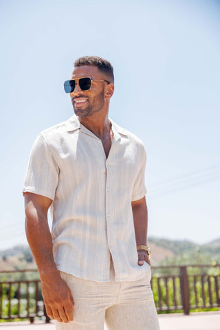 Mojito Men's Resort Style Casual Striped Multi-Texture Weave Linen Blend Shirt