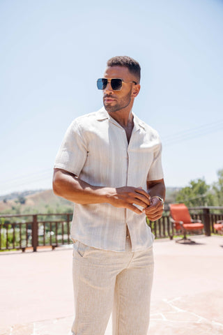 Mojito Men's Resort Style Casual Striped Multi-Texture Weave Linen Blend Shirt
