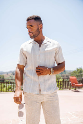 Mojito Men's Resort Style Casual Striped Multi-Texture Weave Linen Blend Shirt