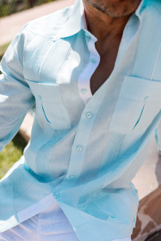 Mojito Men’s 100% Linen Long Sleeve Guayabera – Contrast Panel & Tonal Pleats