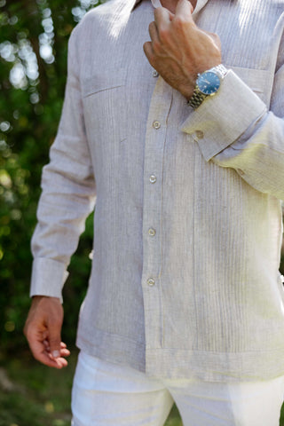 Mojito Men's 100% Linen Guayabera Chacabana Shirt Long Sleeve - Tonal Pleats