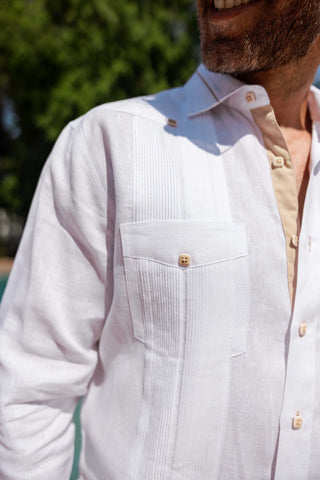 Mojito Men's 100% Linen Guayabera Chacabana Shirt Long Sleeve - Contrast Vertical & Collar Accent Trim