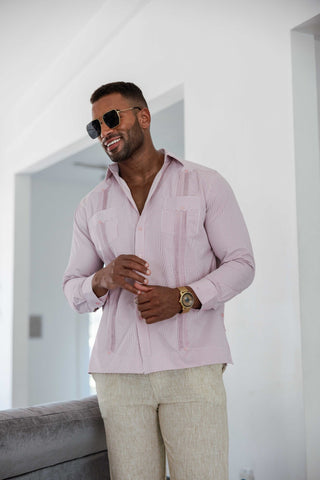 Mojito Men's Cotton Blend Guayabera Chacabana Pinstripe Shirt Long Sleeve