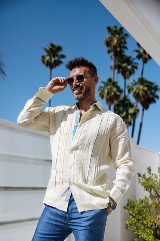 Mojito Men's 100% Linen Guayabera Chacabana Shirt Long Sleeve - Floral Contrast Trim & Blue Embroidery