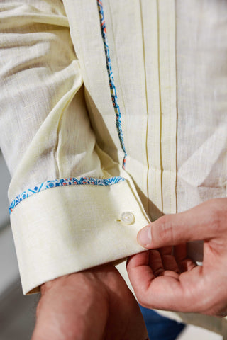 Mojito Men's 100% Linen Guayabera Chacabana Shirt Long Sleeve - Floral Contrast Trim & Blue Embroidery