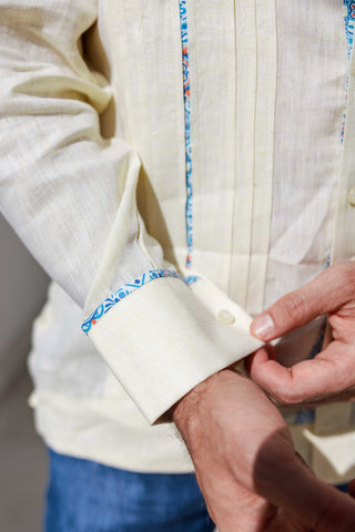 Mojito Men's 100% Linen Guayabera Chacabana Shirt Long Sleeve - Floral Contrast Trim & Blue Embroidery