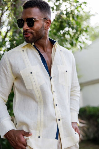 Mojito Men's 100% Linen Guayabera Chacabana Shirt Long Sleeve with Contrast Trim & Modern Pleats