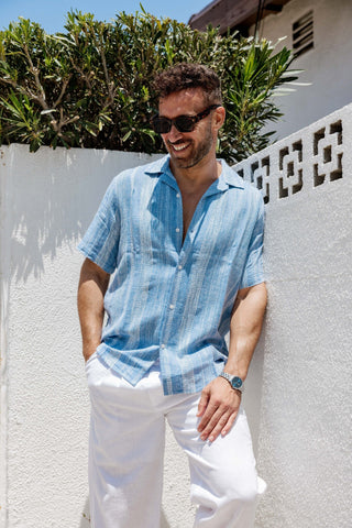 Mojito Men's Resort Style Casual Striped Multi-Texture Weave Linen Blend Shirt