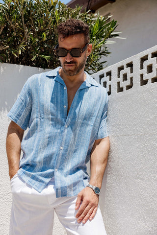 Mojito Men's Resort Style Casual Striped Multi-Texture Weave Linen Blend Shirt