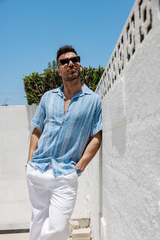 Mojito Men's Resort Style Casual Striped Multi-Texture Weave Linen Blend Shirt