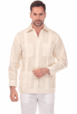 Men's 100% Irish Linen Classic Guayabera Shirt Long Sleeve with French Cuff
