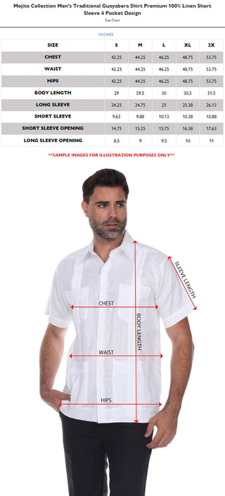 Mojito Men's Traditional Guayabera Shirt Premium 100% Linen Short Sleeve  4 Pocket  Design