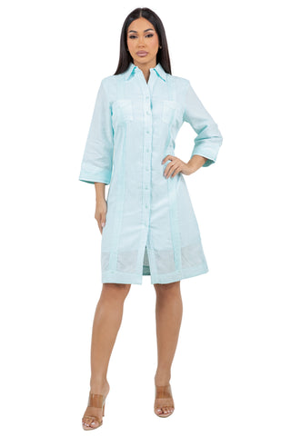 Mojito Women's Guayabera Dress Classic Style Linen Blend 3/4 Sleeve and Button Down