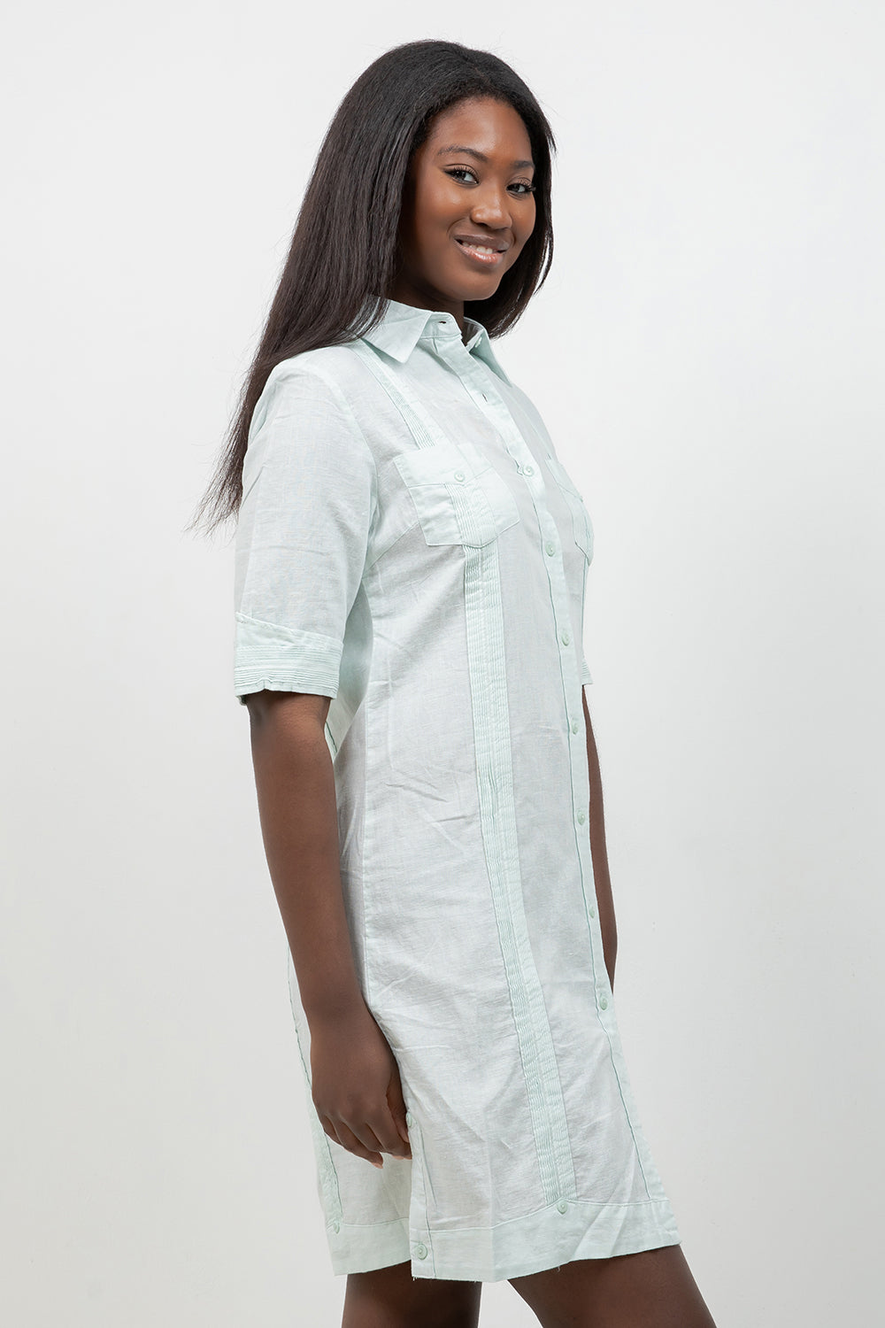 Mojito Women's Classic Guayabera Dress Linen Blend Short Sleeve Button Down –