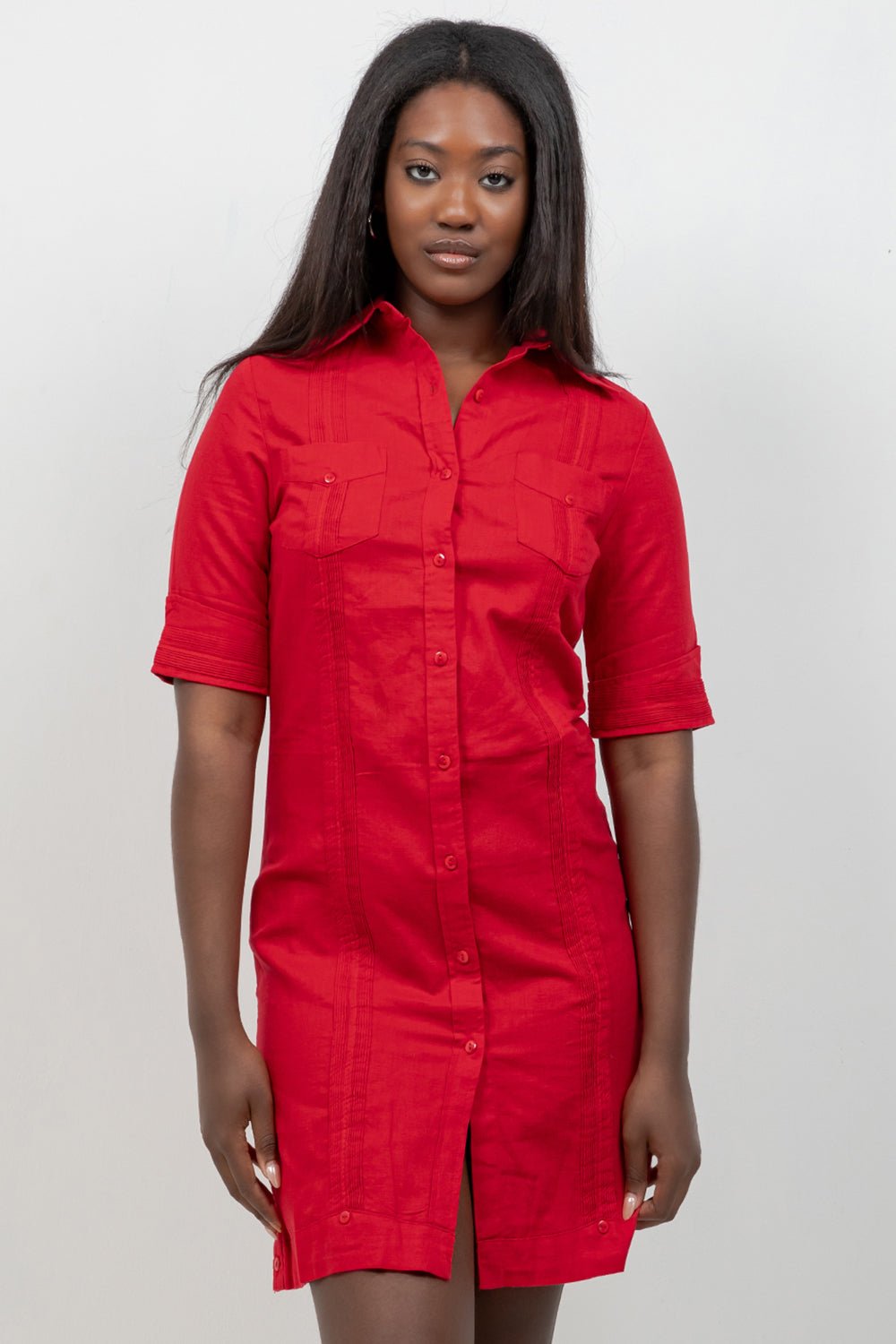 Women's Classic Guayabera Dress Linen Blend Short Sleeve Button Down