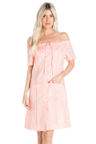 Mojito Women's Guayabera Dress Sexy Off Shoulder Linen Blend Button Down