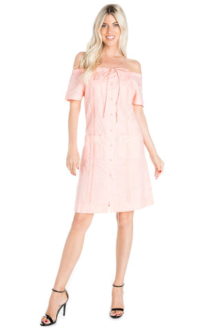 Mojito Women's Guayabera Dress Sexy Off Shoulder Linen Blend Button Down