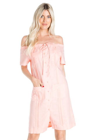 Mojito Women's Guayabera Dress Sexy Off Shoulder Linen Blend Button Down