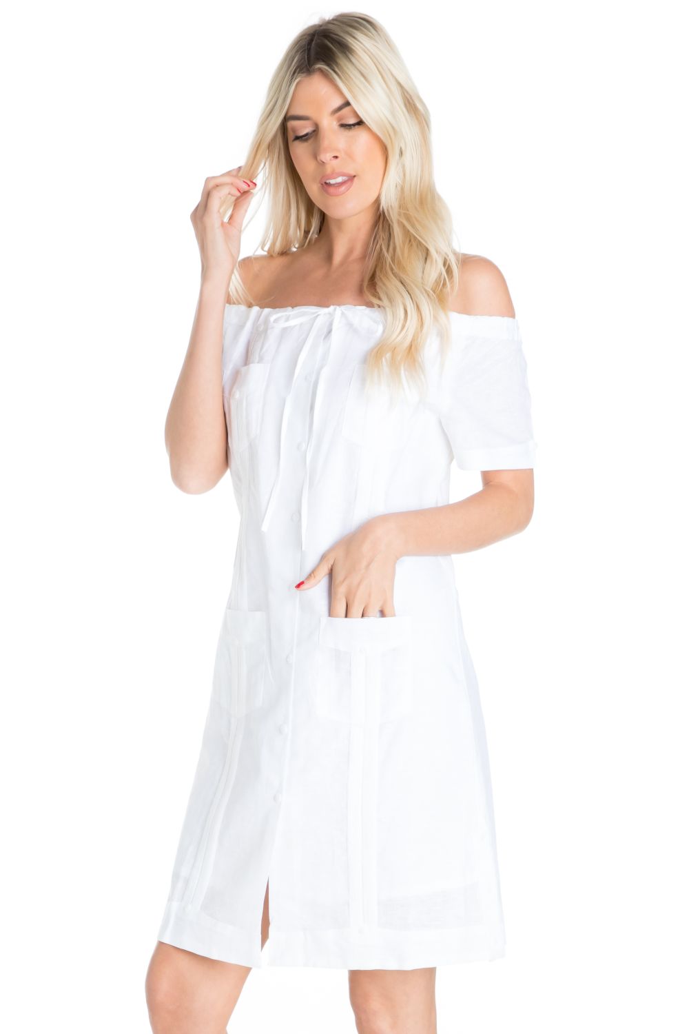 Mojito Women's Guayabera Dress Sexy Off Shoulder Linen Blend Button Down – naturalcollectioncorp.com Mojito Women's Guayabera Dress Sexy Off Shoulder Linen Blend Button Down – naturalcollectioncorp.com